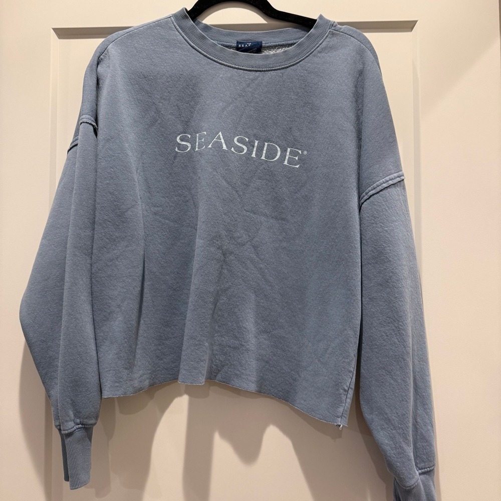 The Seaside Style Cropped Sweatshirt Blue Raw Hem Pullover Women's M